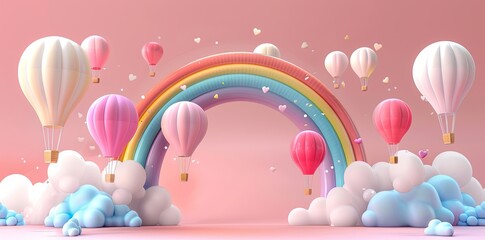 .3d rendering of colorful balloon arch with hot air balloons and clouds on pastel background - obrazy, fototapety, plakaty