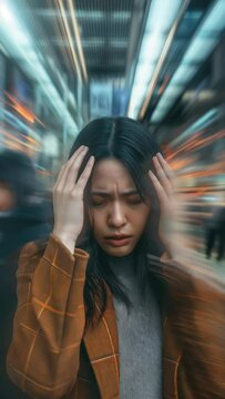 Slow motion vertical video of Asian Woman Experiencing Hypoglycemic Episode in Urban Environment