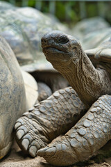 Closeup of the aldabra land giant tortoise head and neck inside the botanical garden, Mahe Seychelles