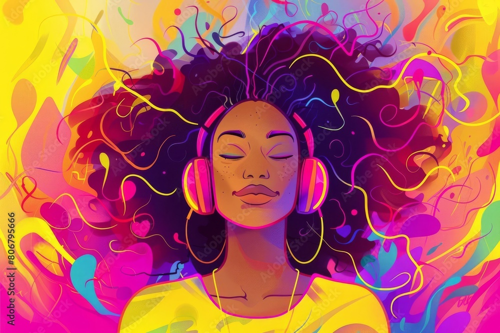 Wall mural international womens day portrait happy young genz black woman listening to music colorful backgroun