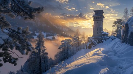 Sunrise on Ancient Torre Del Belvedere Tower Among Snowy Woods in Maloja, Bregaglia, Engadine, Graubunden Canton, Switzerland, Europe - obrazy, fototapety, plakaty