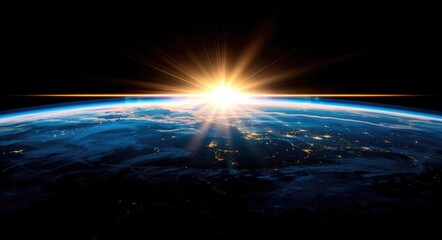 Space Sunrise. Earth View from Space with Blue Horizon and Sun Rays