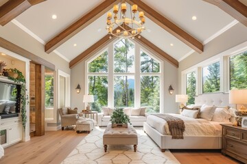 Home Interior Window. Bedchamber with Vaulted Ceiling, Wood Beams, and Chandelier in Modern Luxury Home