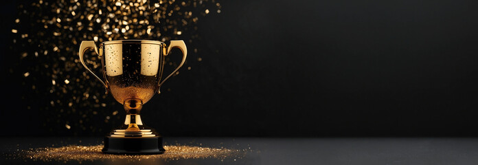 Naklejka premium Sparkles black background with a winners cup. Champion golden trophy on black background. Concept of success and achievement.