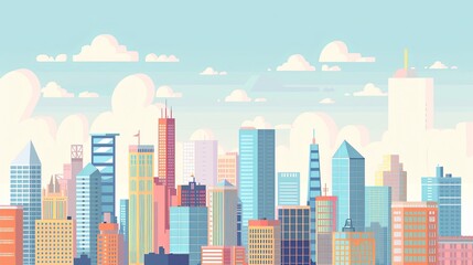 Flat design illustration of a cityscape with skyscrapers, buildings and other urban architecture against a clear sky with clouds - obrazy, fototapety, plakaty