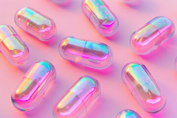 magical iridescent pills on pastel pink background symbolizing transformative power concept illustration