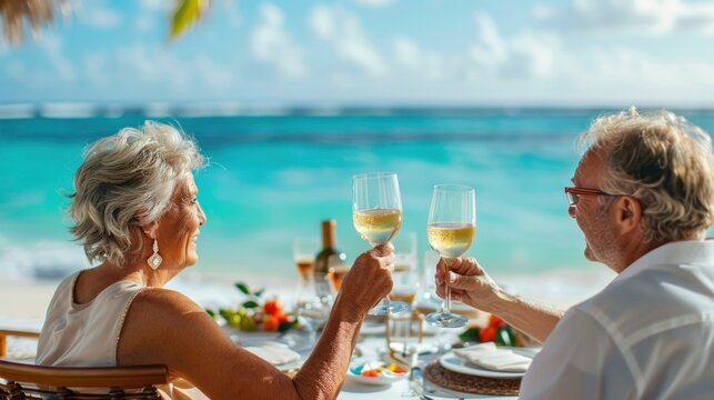 Elderly couple at beach table, toasting with wine glasses under sky
