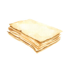 watercolor old brown paper sheets, vintage antique textured beige paper, parchments with ripped edges and spots, illustration of stack of paper isolated white background