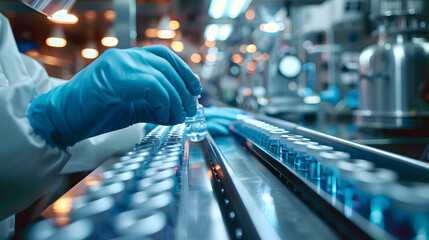 Pharmaceutical scientist wearing sterile gloves inspects medical vials on a production line conveyor belt in a drug manufacturing facility. Generated using AI technology. AI