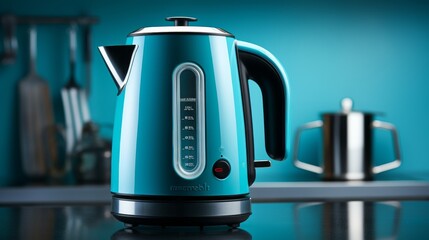 A teal colored kettle sits gracefully atop a sleek countertop - Powered by Adobe