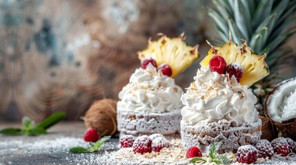   A tight shot of a pineapple cake, adorned with whipped cream and raspberries, resting on a table beside a solitary pineapple