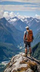 Obraz premium Man in shorts with a backpack on a mountain peak, under a cloudy sky