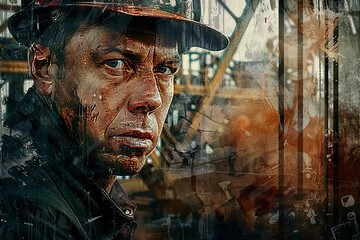 resolute oil rig worker rugged portrait industrial backdrop digital painting