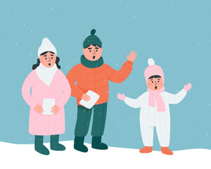 Children sing Christmas songs on the street. Children stand outside during the winter season. Festive winter design. Flat vector illustration.
