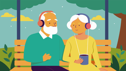 An elderly couple sitting on a porch swing reminiscing about their youth as they listen to old love songs through one set of headphones. Vector illustration