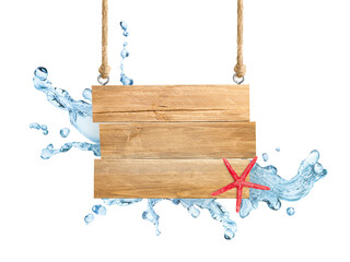 wooden sign hanging on twine with water splashes and starfish on white isolated background