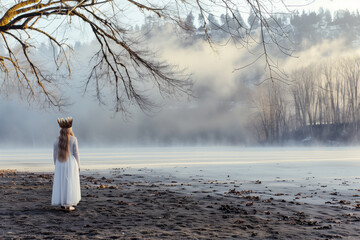 Scandinavian woman bathed in the soft light of dawn, wearing a traditional Lucia crown, stands on a frozen lake surrounded by a snow-covered forest. Timeless connection between humanity and nature.
