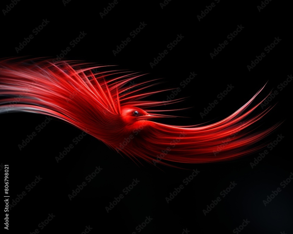 Wall mural A red phoenix with a long flowing tail on a black background.