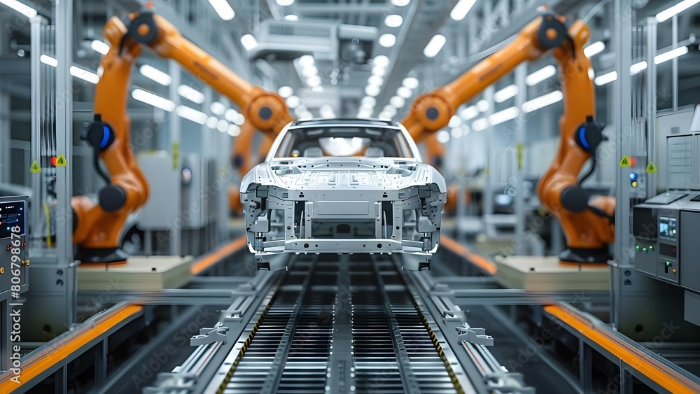 Poster automated robotics in action: futuristic electric car production line. concept robotics technologies