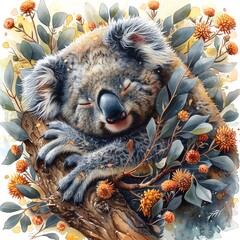 Obraz premium Charming illustration of a koala lounging in a gum tree surrounded by eucalyptus flowers