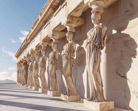 A minimalist representation of the Erechtheion's graceful Caryatid statues, super realistic