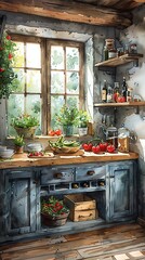 Rustic painting of a vintage farmhouse kitchen with a wooden table adorned with fresh produce