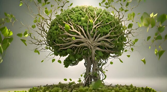 Vibrant abstract tree with lush green foliage and intricate roots, symbolizing growth, vitality, and interconnectedness with the earth