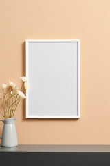 Frame mockup on a minimalist pastel wall, accented by a discrete, modern vase,