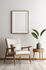 Frame mockup on a light grey wall in a minimalist styled room, enhanced by a sleek, modern chair,