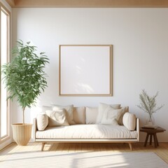 Bright and clean frame mockup in a minimalist room with high ceilings and large windows for ample natural light.