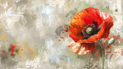   A red poppy against a white and gray backdrop; its green stem anchors the image's center