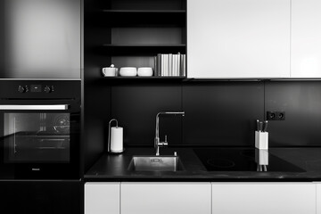 Contemporary minimalist black and white kitchen table with cooking utensils