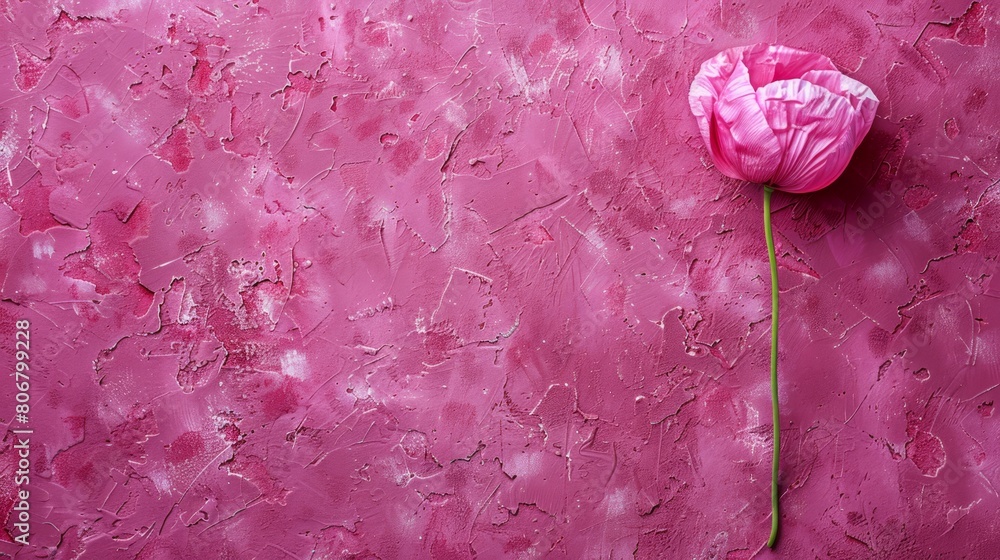 Wall mural   A solitary pink flower atop a pink wall, speckled with paint splatters