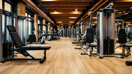 Interior of a comfortable sports club or fitness gym with exercise equipment