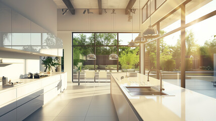 Modern contemporary kitchen room interior with table and large windows