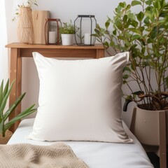 Warm morning setting with a white pillow cover mockup on a bed, emphasizing a clean and inviting design space.