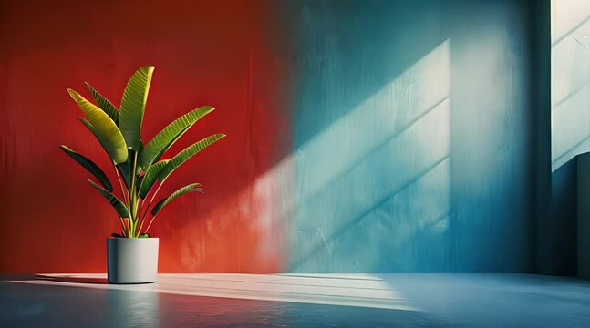 Lush green pot plant contrasts beautifully against vibrant red and blue walls, injecting vitality into the urban scene