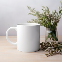 A peaceful morning mockup with a white coffee mug surrounded by fresh spring flowers on a light wood table.