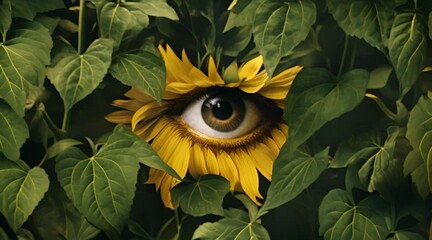 Intriguing close-up of sunflower with human eye at its center, engaging with the viewer in mesmerizing gaze