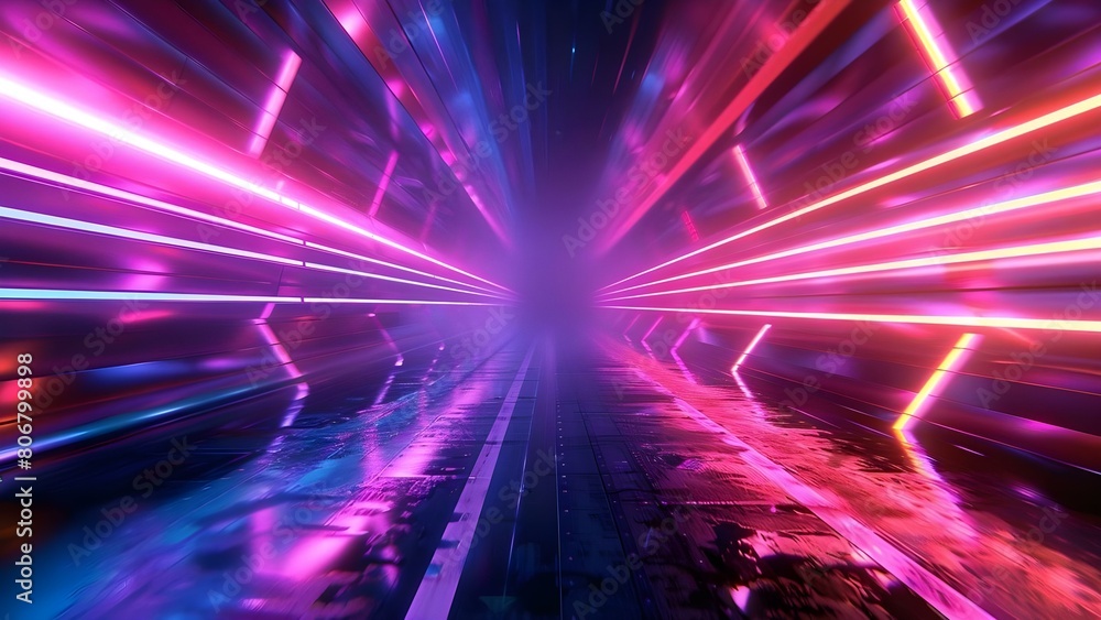 Poster neon light rays on a dynamic cyberpunk background: an abstract and fast-moving scene. concept neon l