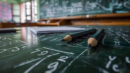 Math and science equations and geometrical figures on a school blackboard. Concept Math Equations, Science Formulas, Geometrical Figures, School Blackboard, STEM Education