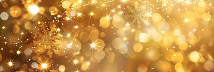 Golden Christmas. Abstract Glowing Holiday Background with Sparkling Stars and Blurred Gold Bokeh