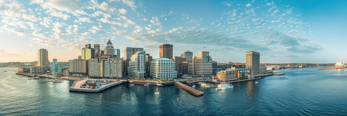 Fototapeta na wymiar Panoramic Buildings of Downtown Halifax, Nova Scotia, Canada: Aerial View of Modern Architecture at Waterfront