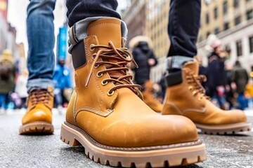 Close-up of Pedestrian's Shoes Walking on Urban Street - City trip Travel journey, Dynamic Motion, March Protest