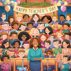 Happy Teacher’s Day, student teacher smile image Happy students teacher in classroom vector image