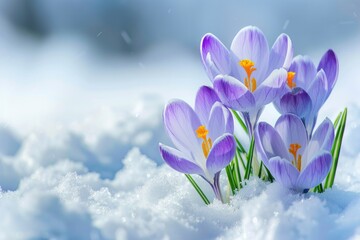 Spring Winter. Crocuses Blossoming Through Snow with Copy Space for Text