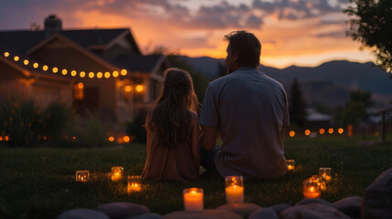 Fototapeta premium A father and his young daughter sit together in a backyard, enjoying a peaceful sunset surrounded by candles.