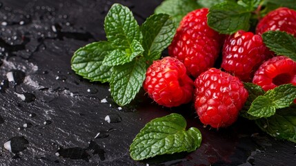   A collection of red raspberries and mint leaves on a black background, adorned with water droplets atop