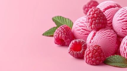   A mound of raspberry ice cream adjacent to fresh raspberries and a green leaf against a pink...