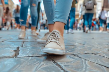 Fototapeta premium Close-up of Pedestrian's Shoes Walking on Urban Street - City trip Travel journey, Dynamic Motion, March Protest